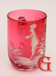 Mary Gregory cranberry glass mug